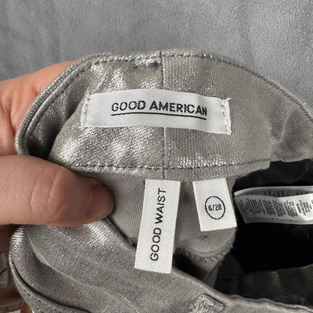 Good American Good Waist Skinny Jeans Metallic‎ Silver Coated GW18ST Womens 6/28